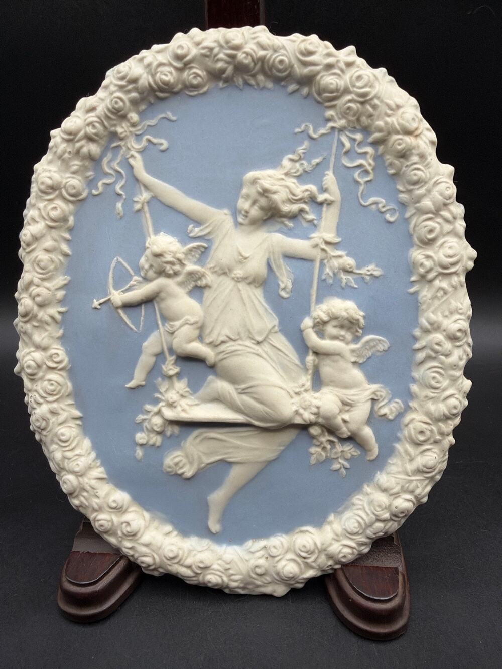 Vintage Blue Jasperware Style Cupid Maiden Floral Relief Wall Plaque hand paint